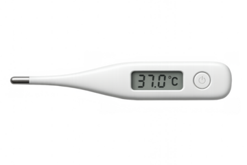 Digital medical thermometer showing normal body temperature on transparent background
