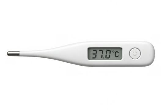 Digital medical thermometer showing normal body temperature on transparent background
