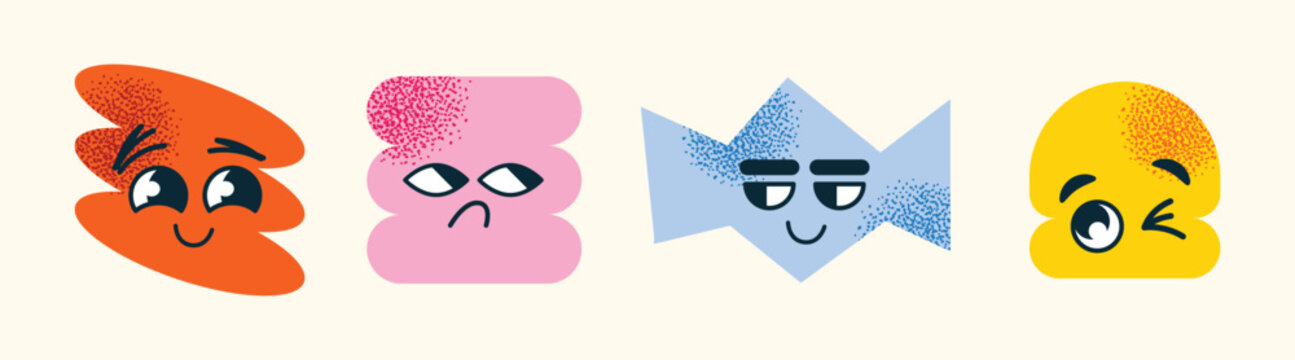 Set of abstract geometric characters expressive facial expressions. Concept emotions  happiness, sadness, confusion, and smugness. Flat vector cartoon style illustration isolated emotion icons
