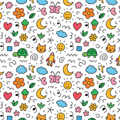 Seamless Kids Doodle Pattern – Colorful Hand-Drawn Animals, Shapes & Objects