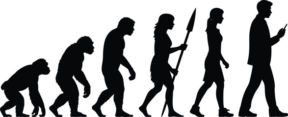 Human evolution depicted in black silhouettes from ape to modern person using a phone