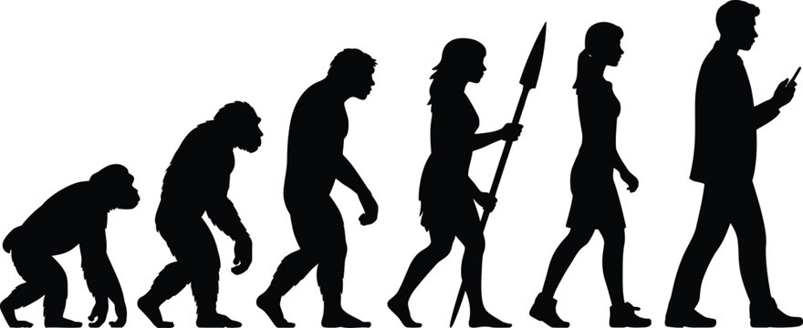 Human evolution depicted in black silhouettes from ape to modern person using a phone