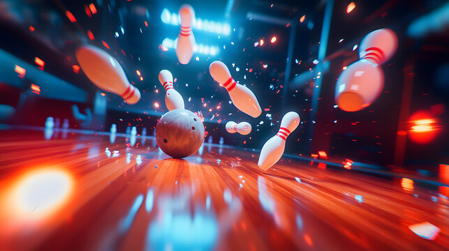 A close-up action shot of a bowling ball colliding with ten pins, several pins flying mid-air, others tipping over on a glossy wooden lane. Sharp motion lines and impact debris. Alley lights reflect