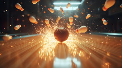 A close-up action shot of a bowling ball colliding with ten pins, several pins flying mid-air, others tipping over on a glossy wooden lane. Sharp motion lines and impact debris. Alley lights reflect