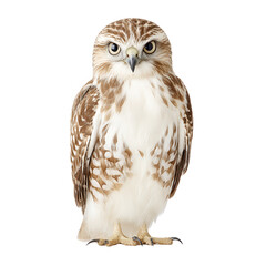 Fototapeta premium A speckled brown and white owl attentively stares forward on white background.