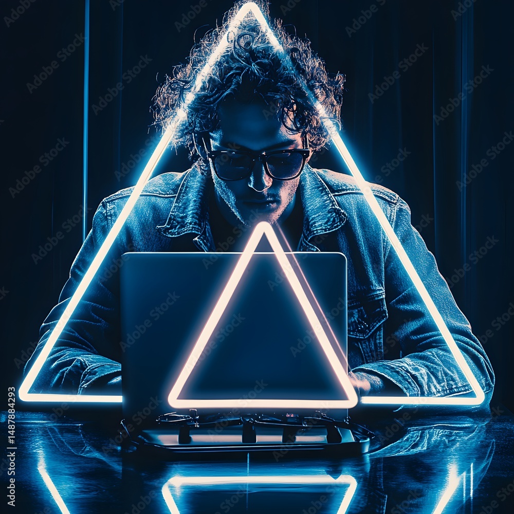 Poster a man is using a laptop computer and surrounded by neon triangle light