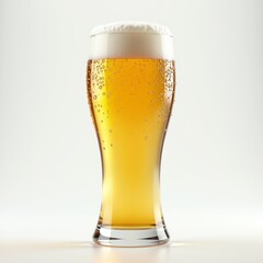 A frothy beer in a glass with bubbles on the side