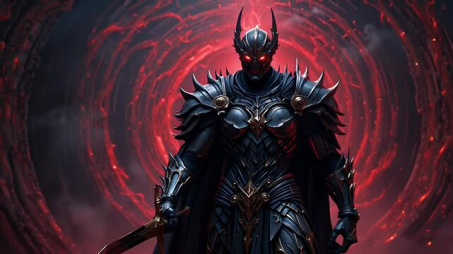 Evil Knight in Black Plate Armor with Ominous Background