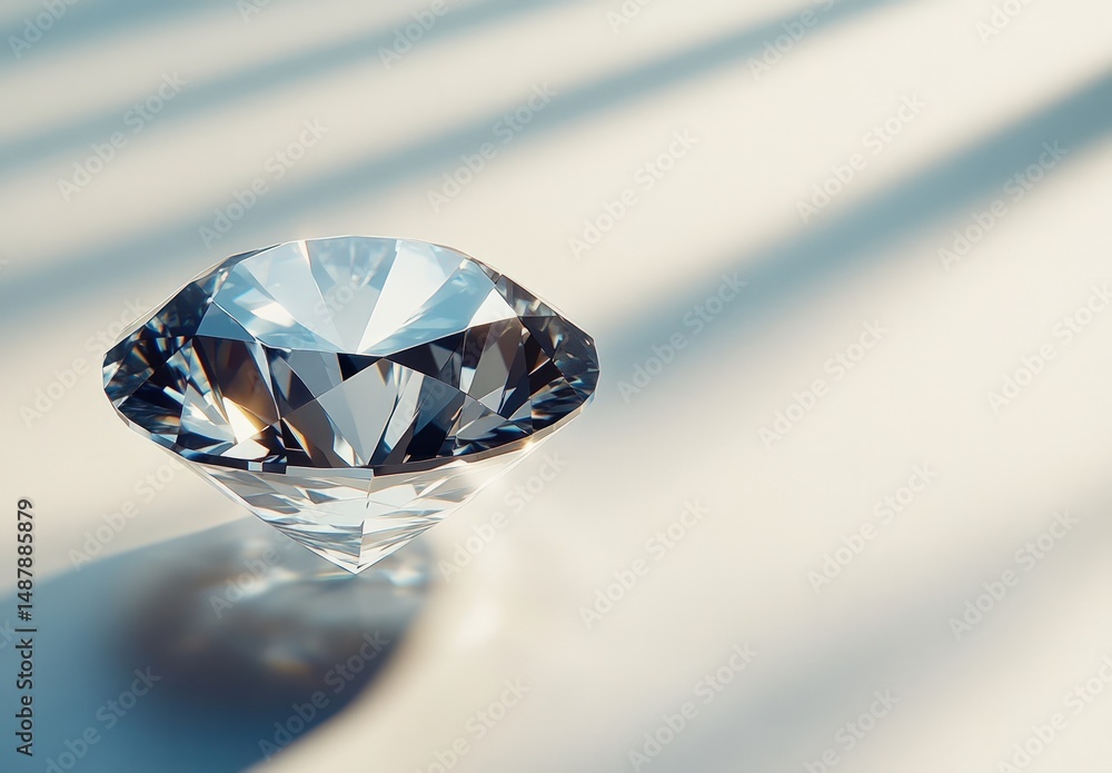 Poster sparkling clear diamond gemstone with intricate facets on a soft surface reflecting light and shadow