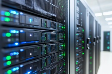 High-Tech Server Room: Data Center Infrastructure with Illuminated Network Hardware