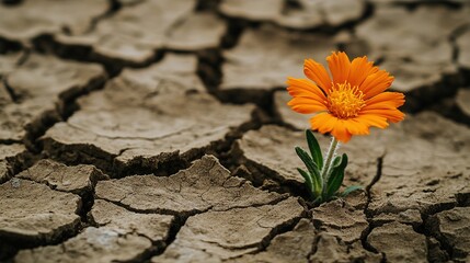 Bright orange flower growing through cracked, dry earth, symbolizing resilience and hope in a harsh environment.