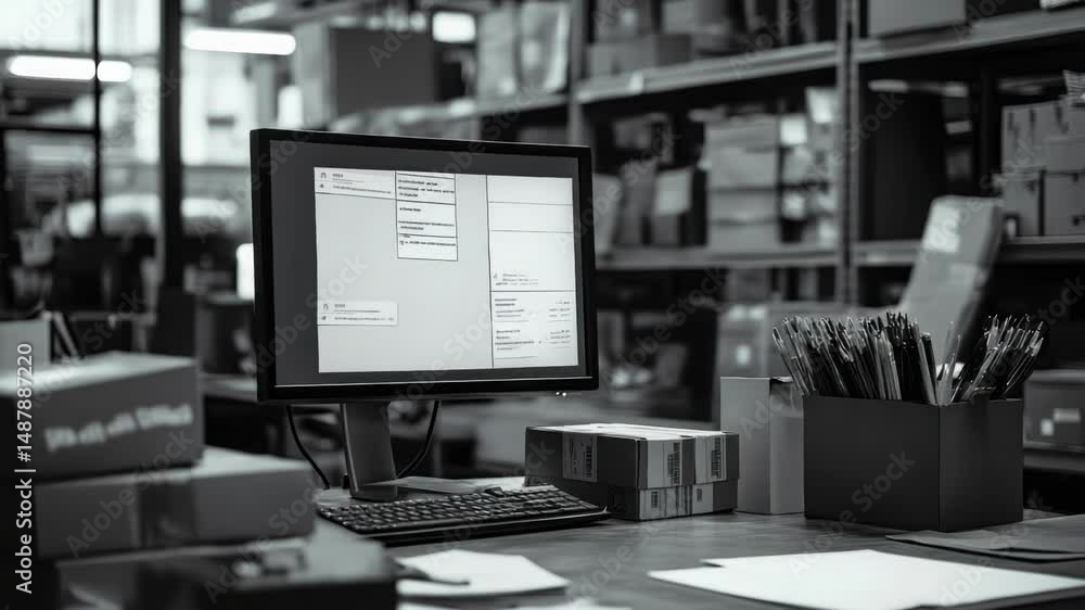 Poster a computer monitor sits on top of a wooden desk, ready for use