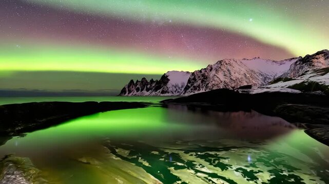 Okshornan Peaks and aurora borealis, Tungeneset at winter night, Senja Island, Norway, 4k. Motion