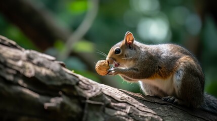 Fototapeta premium Gray squirrel consuming a nut on a tree branch.