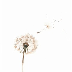 Watercolor Dandelion with Flying Seed on White