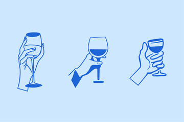 Simple minimal linear style illustration of cartoon hands holding wine glasses, celebration and party vibe. Hand drawn whimsical style alcohols and cocktails. Invitation design element and template