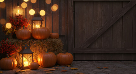Autumnal harvest scene with glowing lanterns