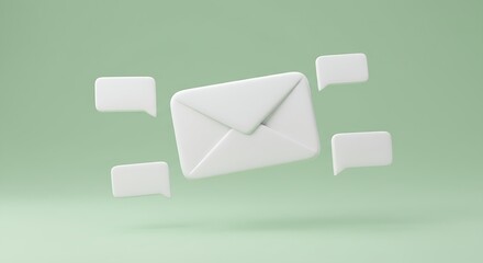 White digital envelope illustration surrounded by multiple blank speech bubble icons floating on a pastel green background. Concept of online communication process, new message delivery and feedback i