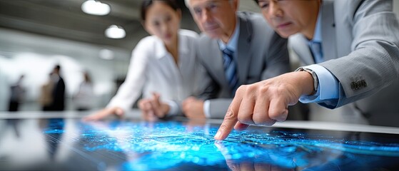 business meeting management concept. Business professionals collaborating over a digital interface in a modern workspace.