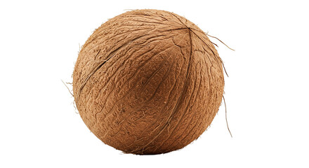 Close-up photo shows a whole Coconut with brown shell on black background