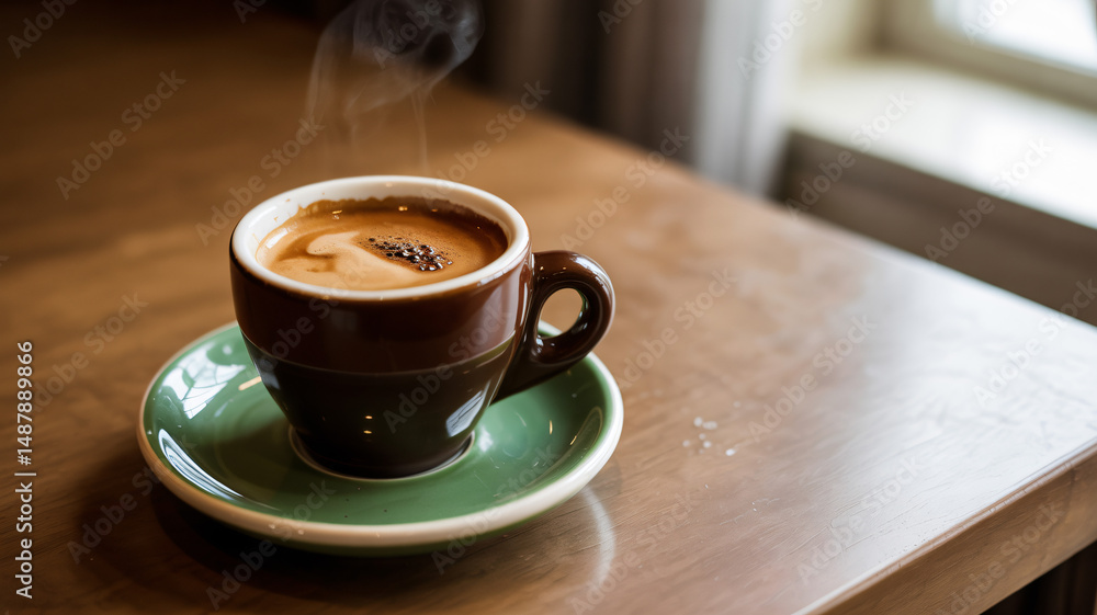 Poster overhead view of espresso in a green cup and saucer with copy space on the side