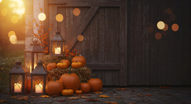 Autumns glow pumpkins lanterns rustic backdrop