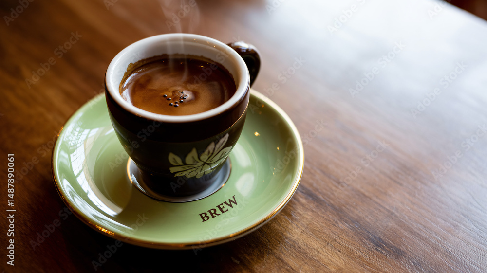 Poster overhead view of espresso in a green cup and saucer with space for text