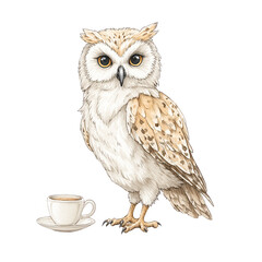 Fototapeta premium An adorable owl sits near a cup of coffee in a charming watercolor image.