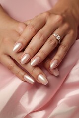 Fototapeta premium Elegant bridal-inspired pearl manicure on satin background for wedding glamour design