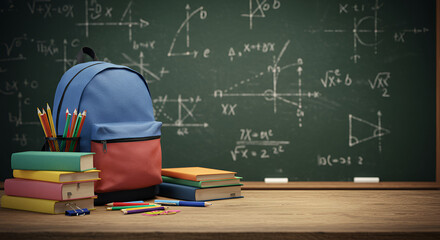Backpack books  school essentials on desk with math equations
