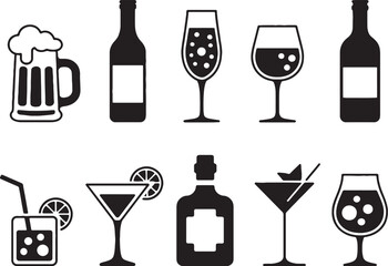 Alcohol drinks beverage icons set silhouette