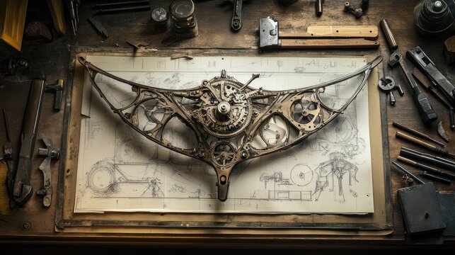 Antique clockwork mechanism on workbench