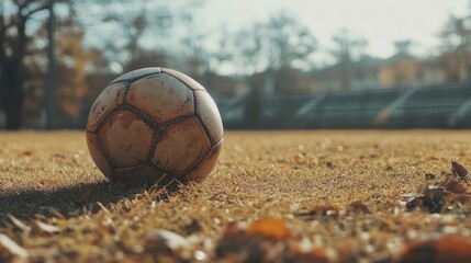 Nostalgic moments captured in vintage football resting on sunlit dry grass, surrounded by blurred stadium seating, evoking classic memories of the game in a quiet afternoon