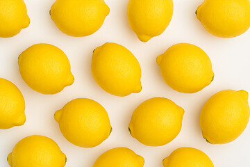 A realistic digital photograph top view on a lot of lemons isolated on a pure white studio background