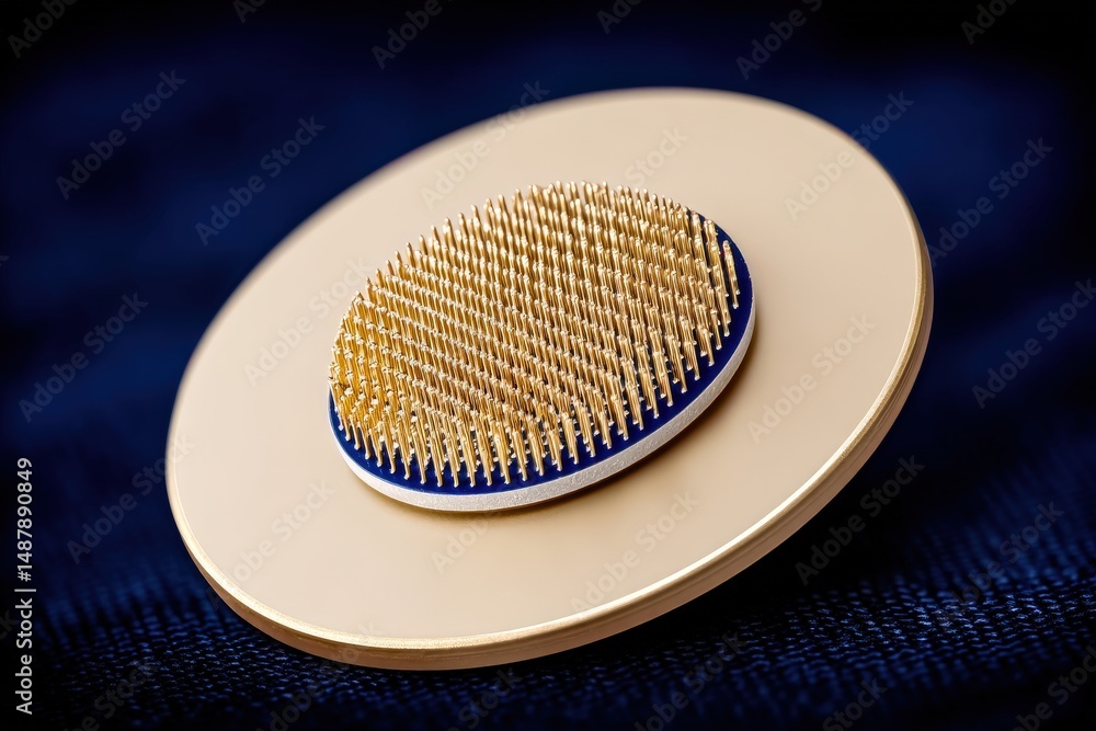 Poster metallic microprocessor on a stylish base with intricate gold pins showcasing technological innovati