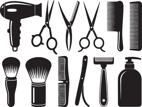 Barbershop tools hair styling salon equipment icons