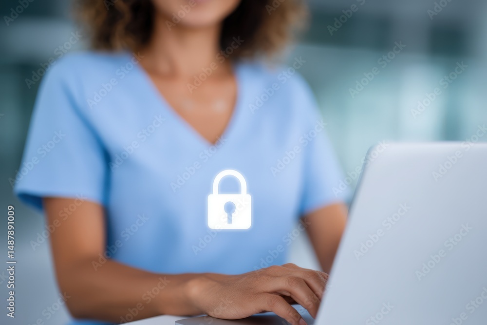Poster a healthcare professional wearing a blue uniform using a laptop computer while displaying a digital 