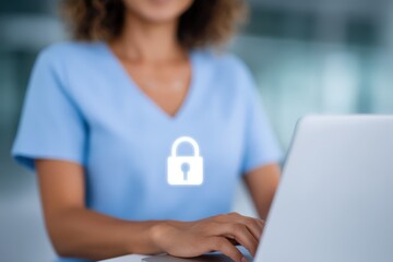 A healthcare professional wearing a blue uniform using a laptop computer while displaying a digital padlock icon representing the importance of data security and privacy in medical environments