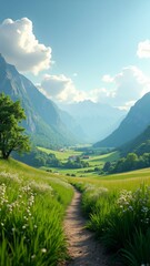 Fototapeta premium Serene mountain valley with a winding path through vibrant fields of green and white flowers, leading to distant homes and
