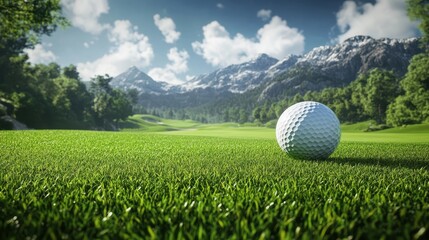 Mid-air flight of a golf ball above a stunning green course with majestic mountains under a clear blue sky on a sunny day