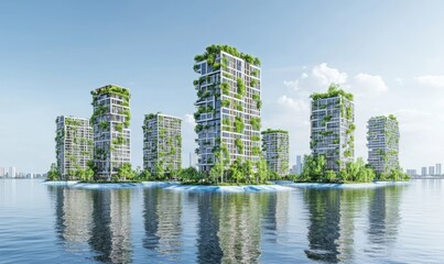 Obraz premium Eco-city skyscrapers on island, waterfront view, sustainable future