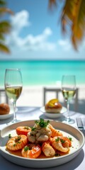 Luxurious seafood entree with wine pairing on beachside table