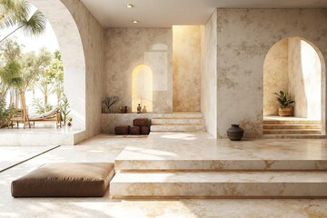 Serene mediterranean oasis with sunlit archways and modern decor for interior inspiration