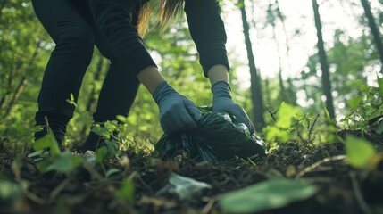 Caring for nature through volunteer efforts in a lush forest environment as hands gather trash for a cleaner future