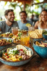 Obraz premium Vibrant summer gathering with friends enjoying outdoor meal and refreshing drinks at a rustic table
