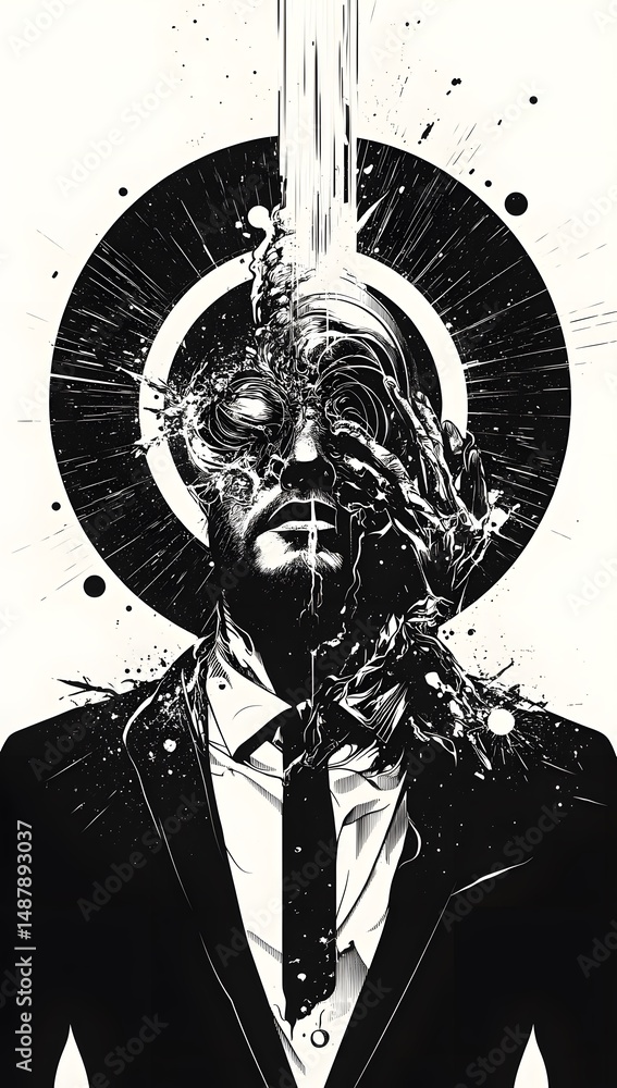 Poster abstract surreal portrait of a man in a suit, his face dissolving into abstract forms. the image is 