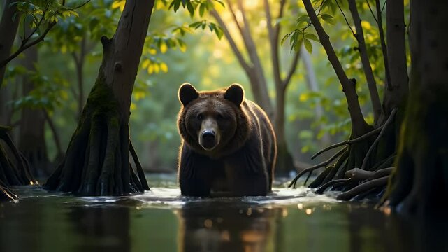 Bear in forest river sunlight