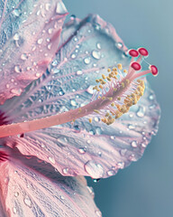 Macro of hibiscus flower with water droplets and pastel tones