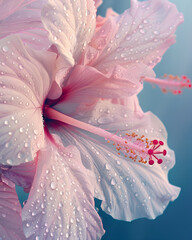 Soft pink hibiscus flower covered in morning dew