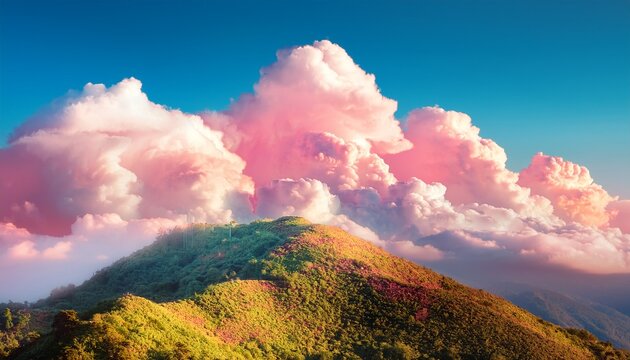 beautiful fantasy pastel clouds againt with top of hill as paradise background